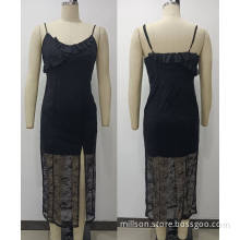 Knitting Black Lace Shoulder Staps Slit Dress